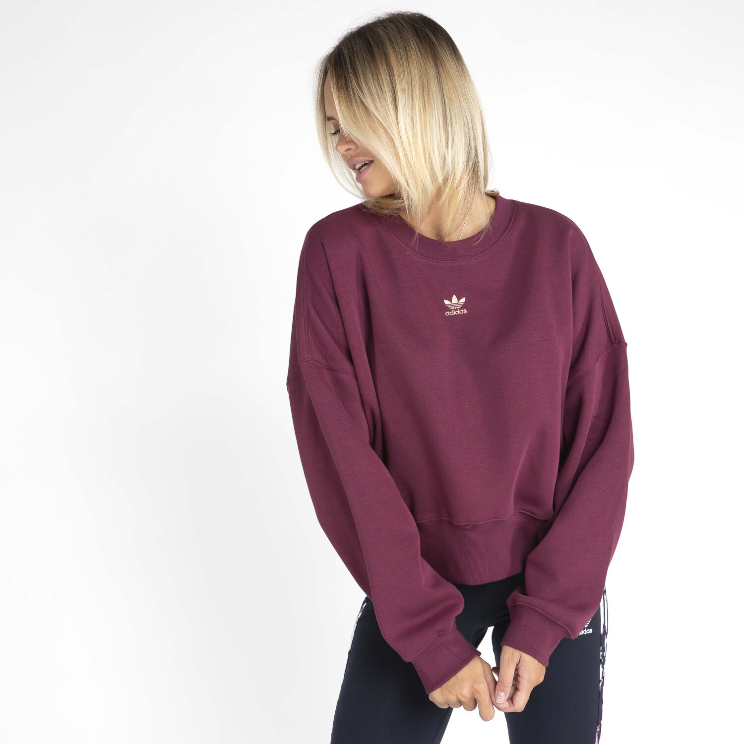 Adidas originals linear fleece crew sweatshirt burgundy store