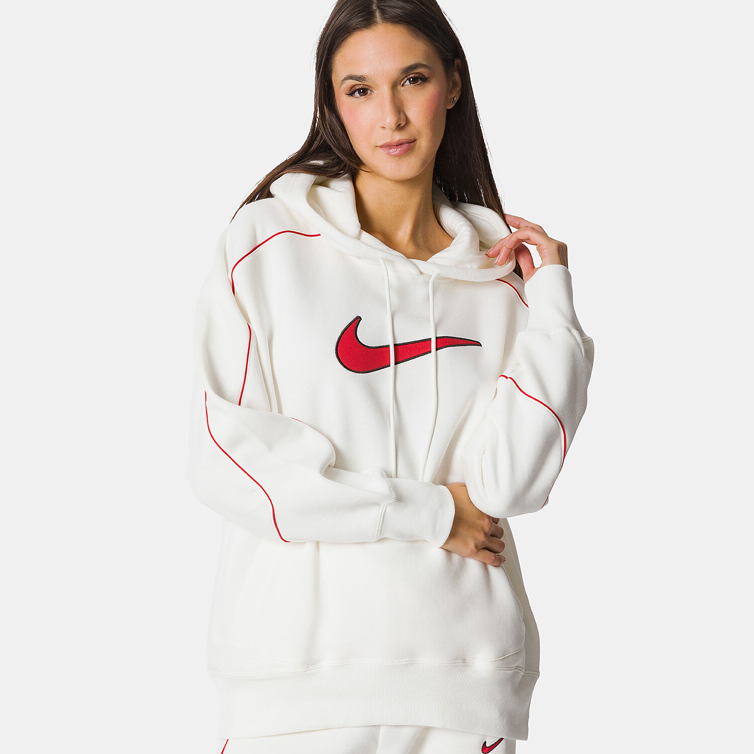 White nike hoodie hotsell with red swoosh