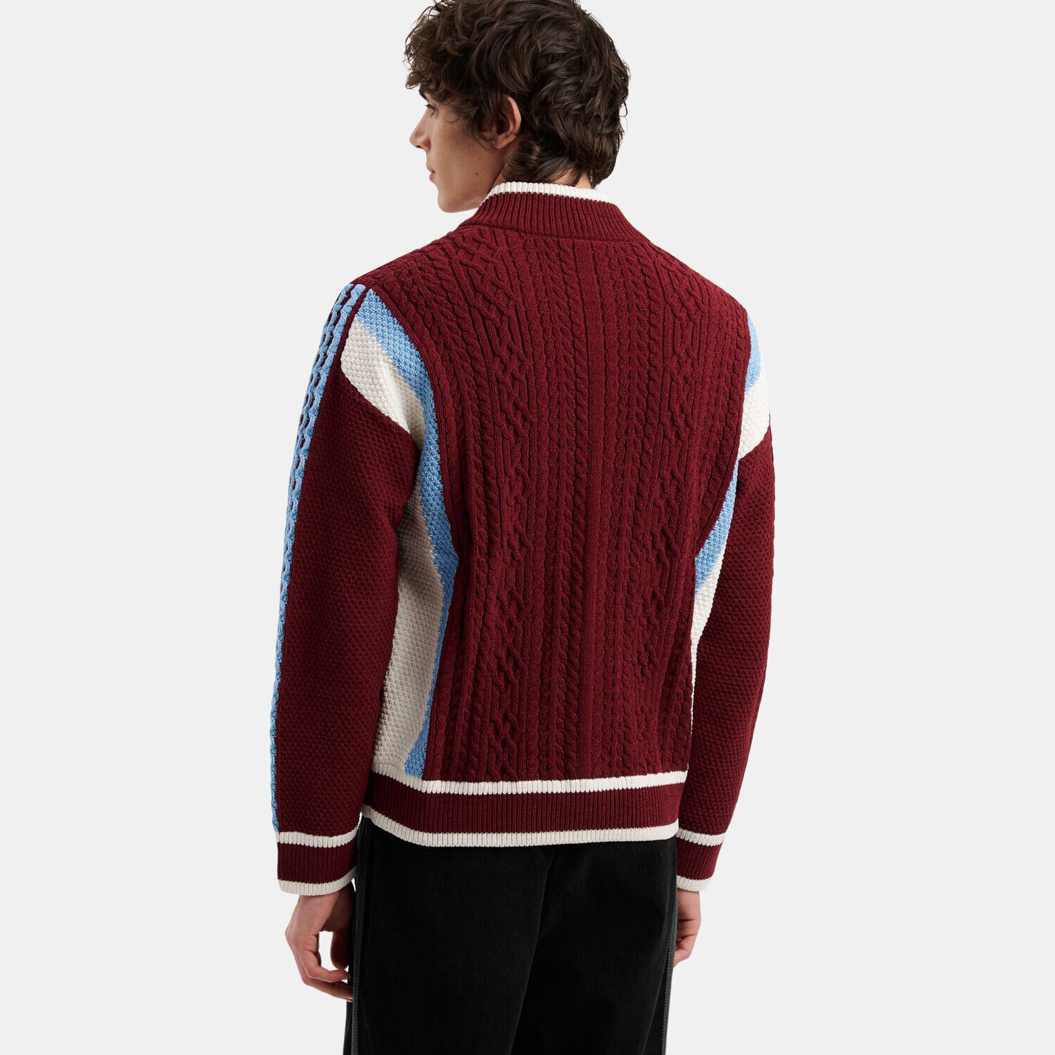 adidas Retro Remix zip cardigan in burgundy, light blue, and white