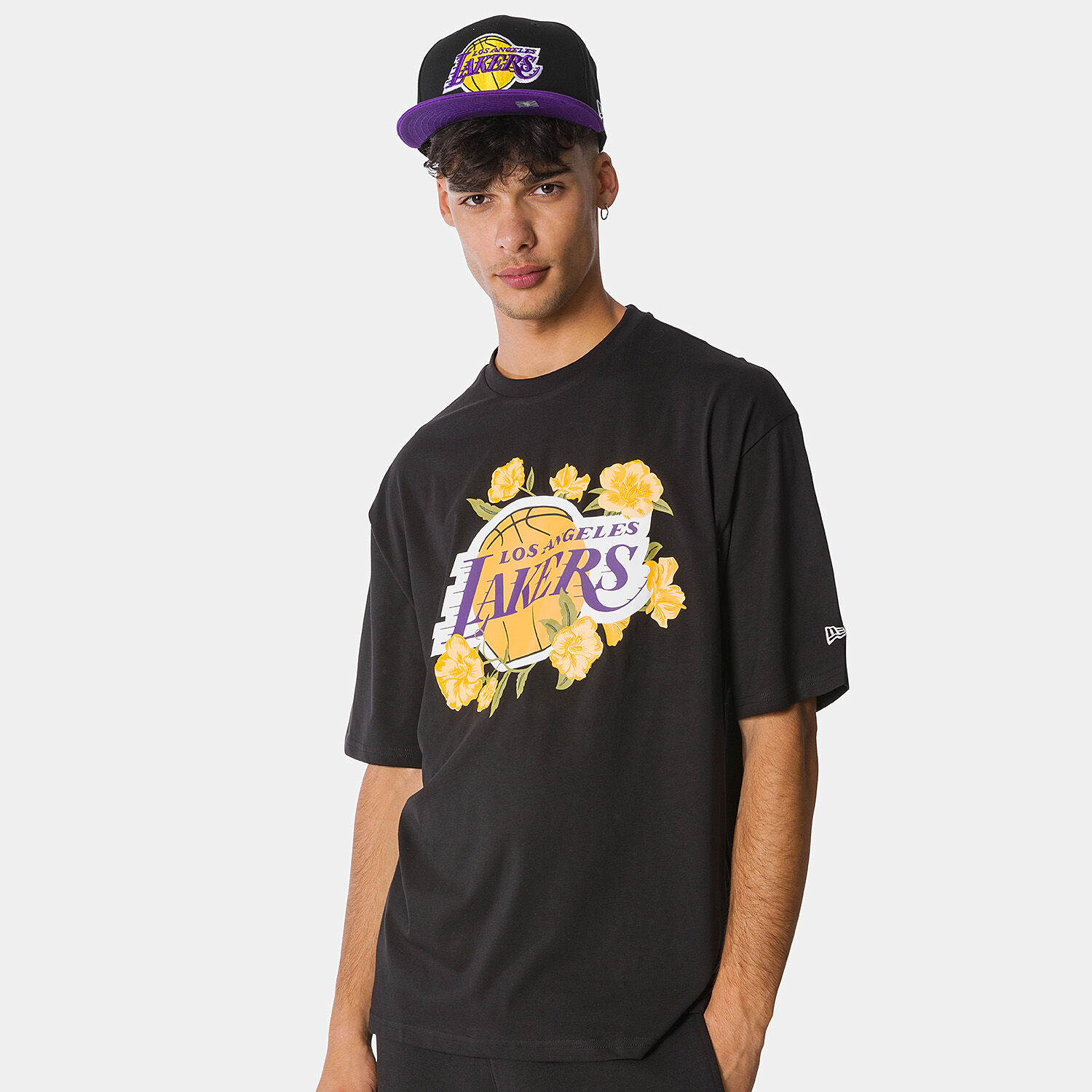 New Era LA Lakers NBA Floral Graphic T shirt black yellow and