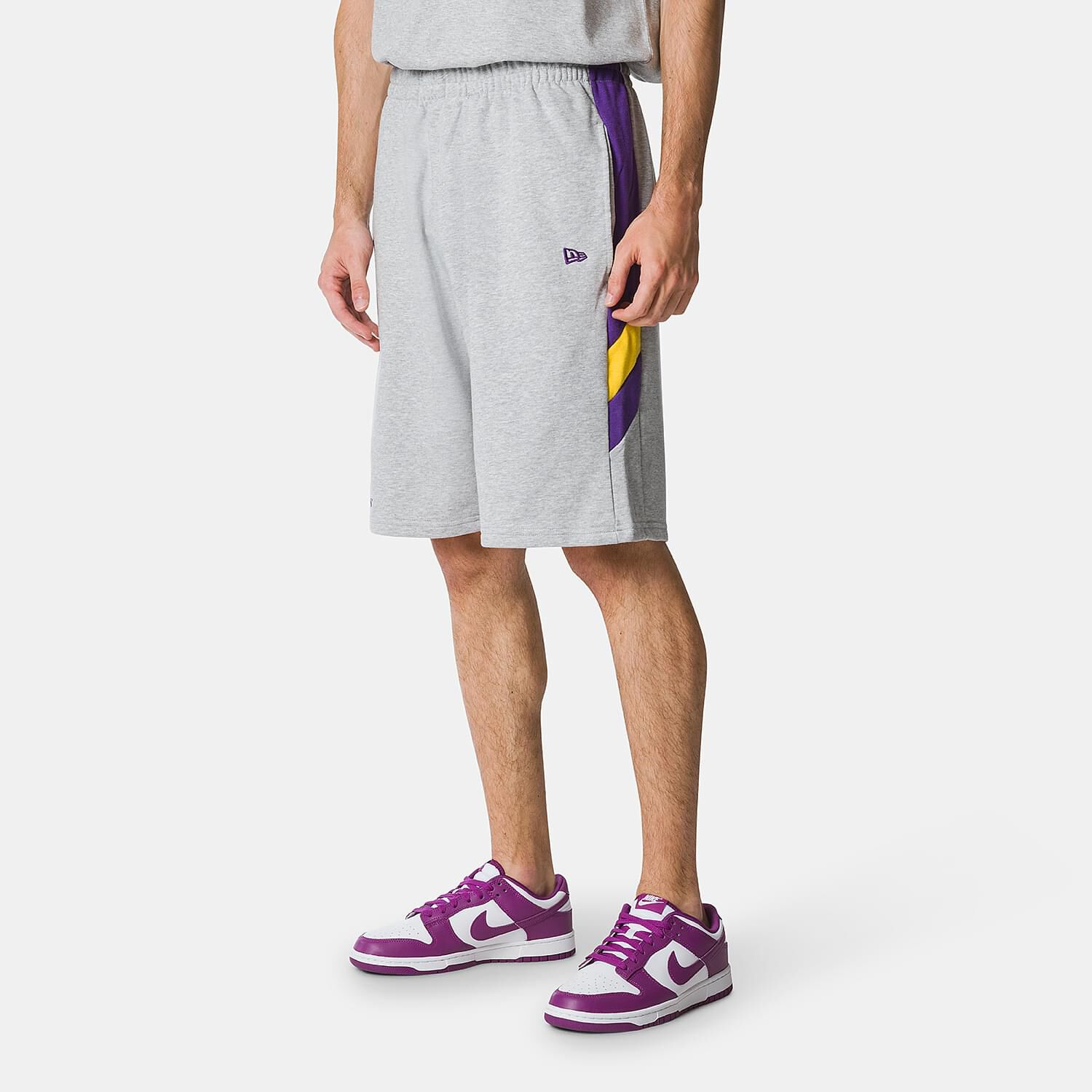 New Era LA Lakers NBA Panel Shorts in grey yellow and purple AW LAB