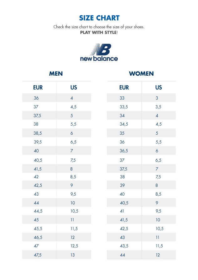 Size chart shoes New Balance | AW LAB